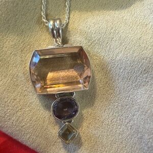 Chic Vintage Sterling Silver Necklace with Rose Quartz , Amethyst and Peridot